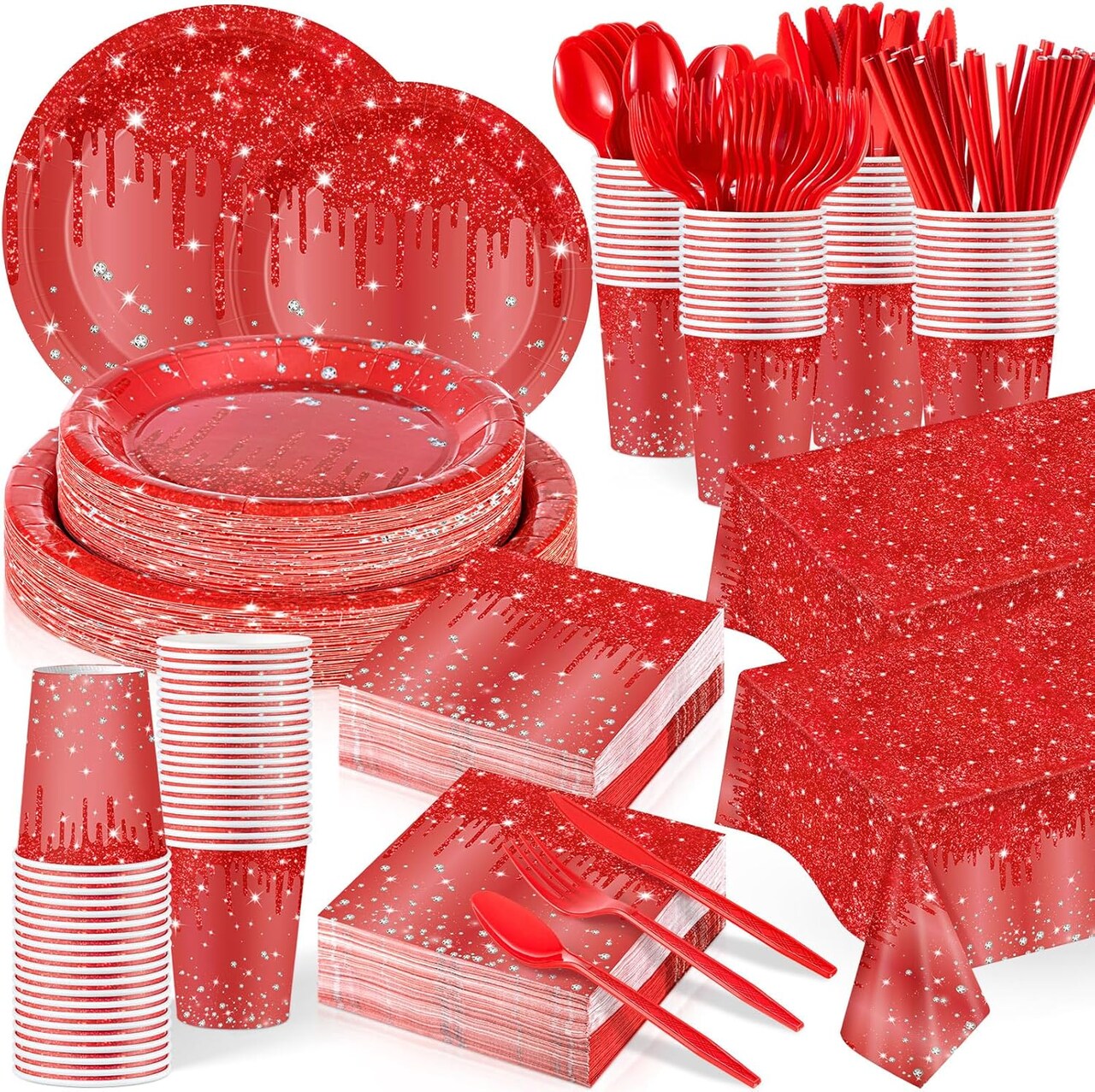 452 Pcs Red Birthday Party Decoration Include Red Diamond Paper Plates Napkins Cups Tablecloth Cutlery Straws Tableware